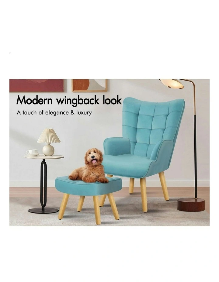 Wooden Armchair Accent Chair Ottoman Velvet in Blue image 4