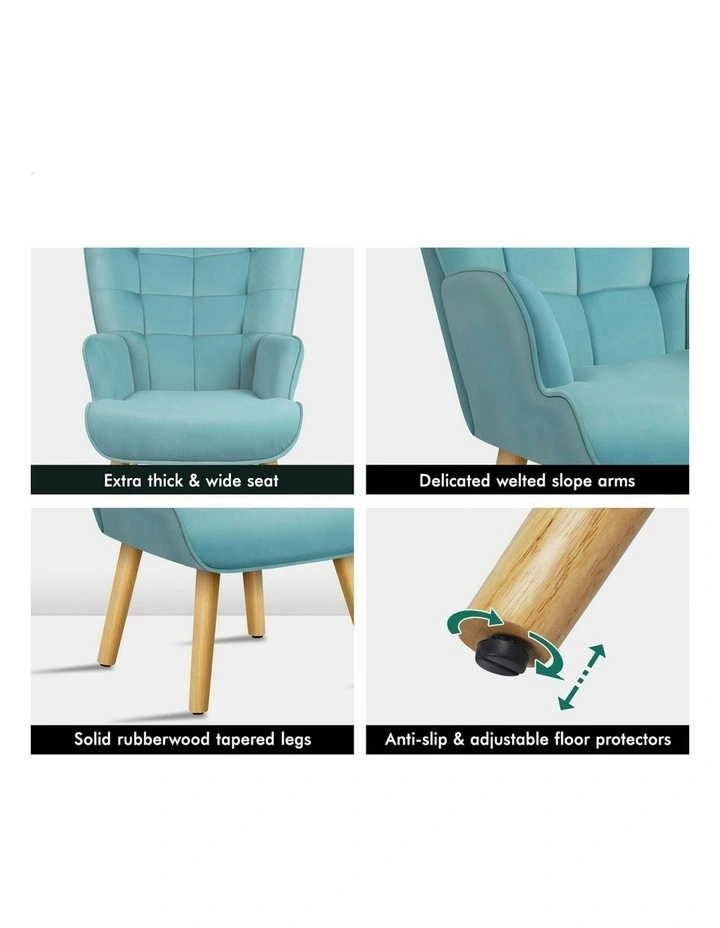Wooden Armchair Accent Chair Ottoman Velvet in Blue image 5