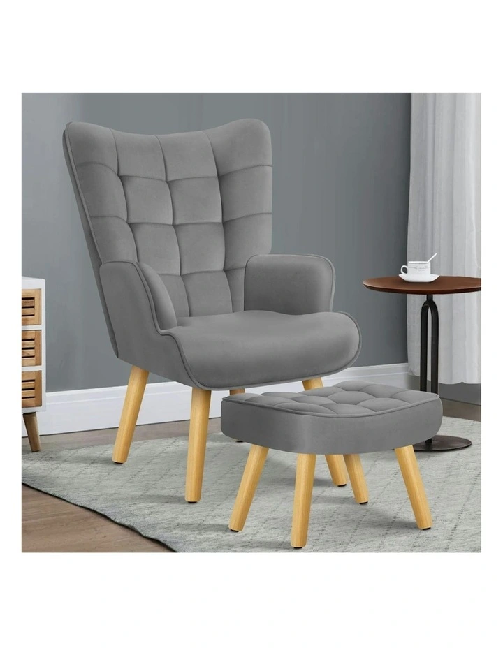 Wooden Armchair Accent Chair Ottoman Velvet in Light Grey image 2