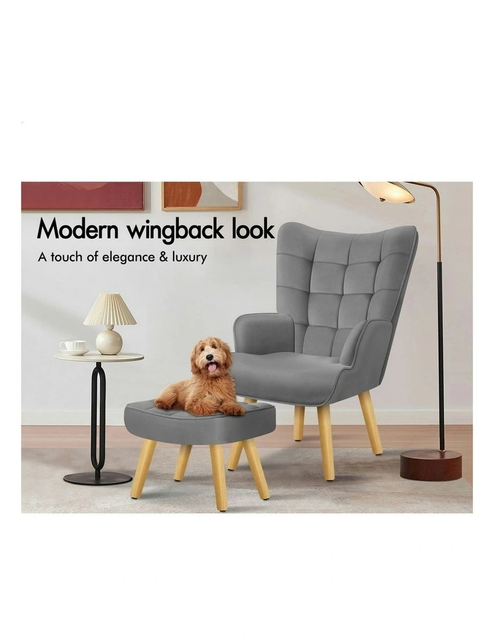Wooden Armchair Accent Chair Ottoman Velvet in Light Grey image 4