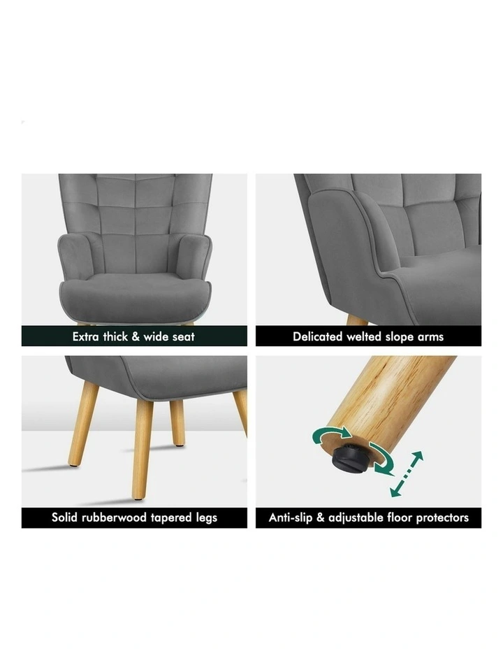 Wooden Armchair Accent Chair Ottoman Velvet in Light Grey image 5