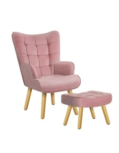 Wooden Armchair With Ottoman in Velvet Pink