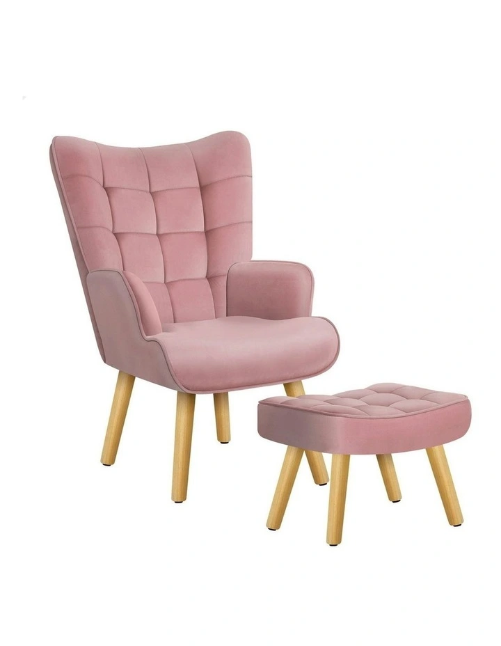 Wooden Armchair With Ottoman in Velvet Pink image 1