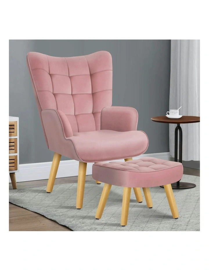 Wooden Armchair With Ottoman in Velvet Pink image 2