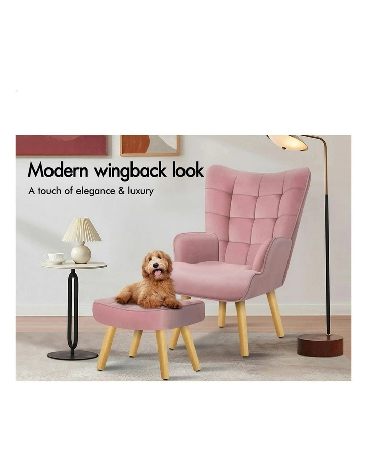 Wooden Armchair With Ottoman in Velvet Pink image 3
