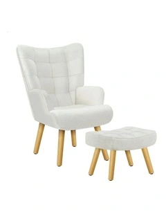 Wooden Armchair With Ottoman in Boucle White