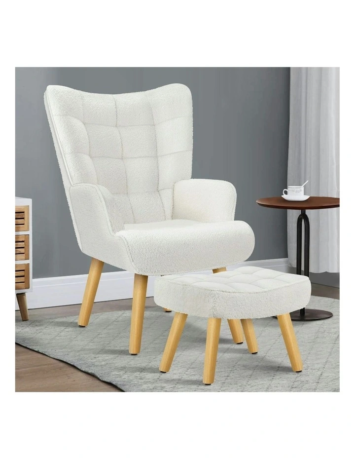 Wooden Armchair With Ottoman in Boucle White image 2
