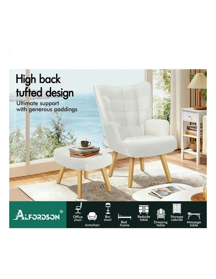 Wooden Armchair With Ottoman in Boucle White image 3