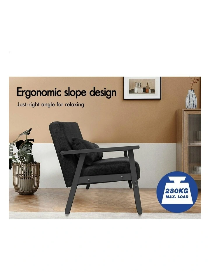 Wooden Armchair 2 Seater Sofa Fabric Lounge Chair Accent Couch Seat in Black image 3