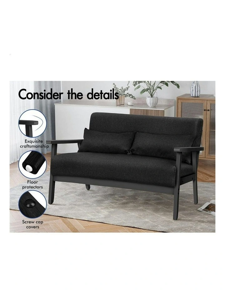 Wooden Armchair 2 Seater Sofa Fabric Lounge Chair Accent Couch Seat in Black image 5