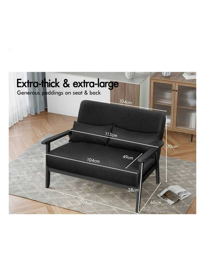 Wooden Armchair 2 Seater Sofa Fabric Lounge Chair Accent Couch Seat in Black image 6
