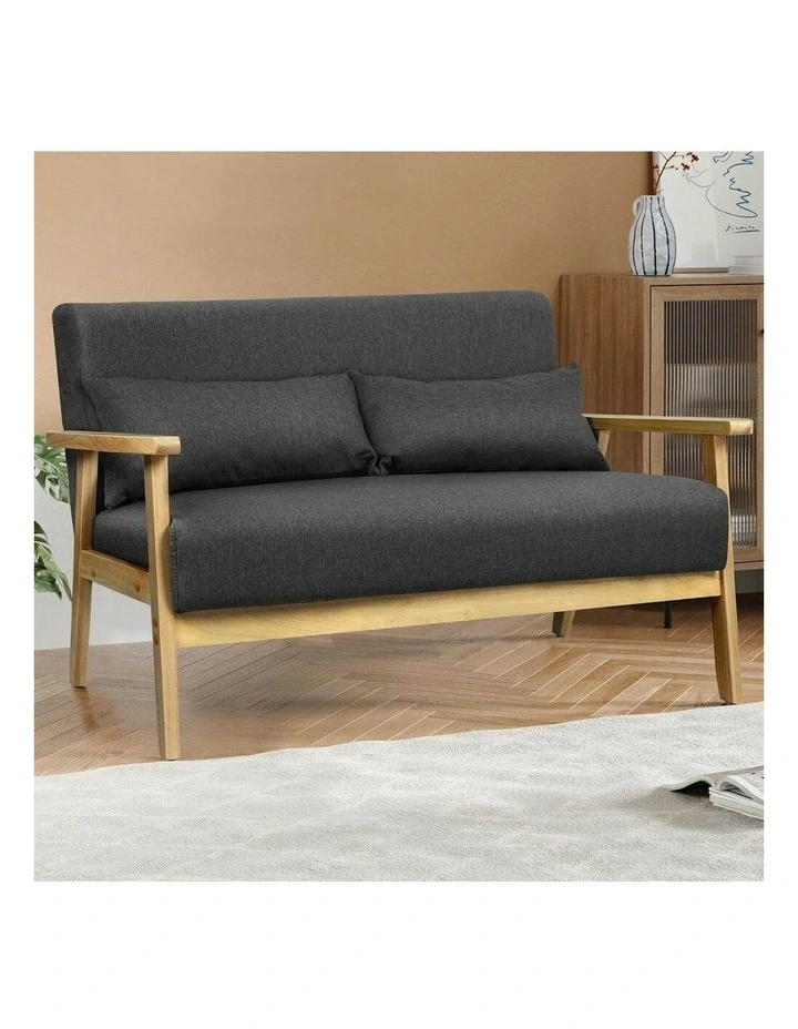 Wooden Armchair 2 Seater Sofa Fabric Lounge Chair Accent Couch Seat in Dark Grey image 2