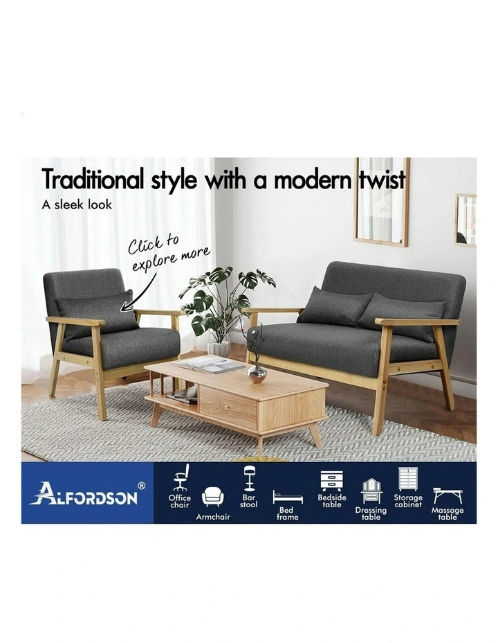 Wooden Armchair 2 Seater Sofa Fabric Lounge Chair Accent Couch Seat in Dark Grey image 3