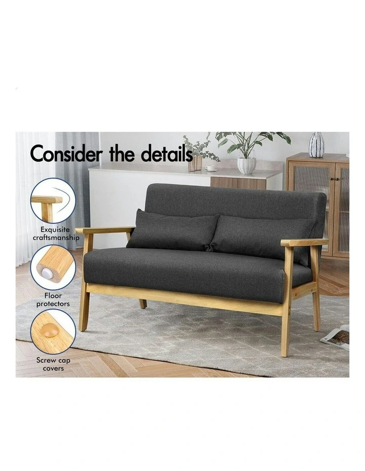 Wooden Armchair 2 Seater Sofa Fabric Lounge Chair Accent Couch Seat in Dark Grey image 4