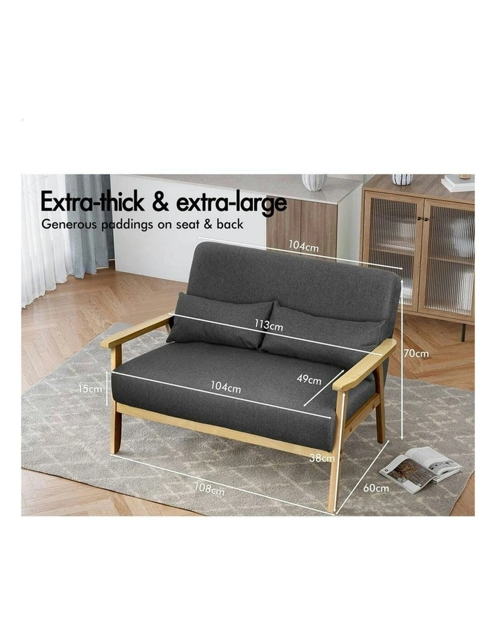 Wooden Armchair 2 Seater Sofa Fabric Lounge Chair Accent Couch Seat in Dark Grey image 7