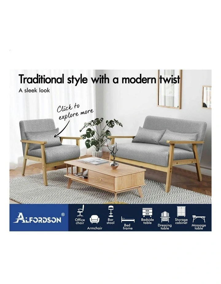Armchair 2 Seater Sofa Fabric Lounge Chair Accent Couch Wood Seat in Grey image 3