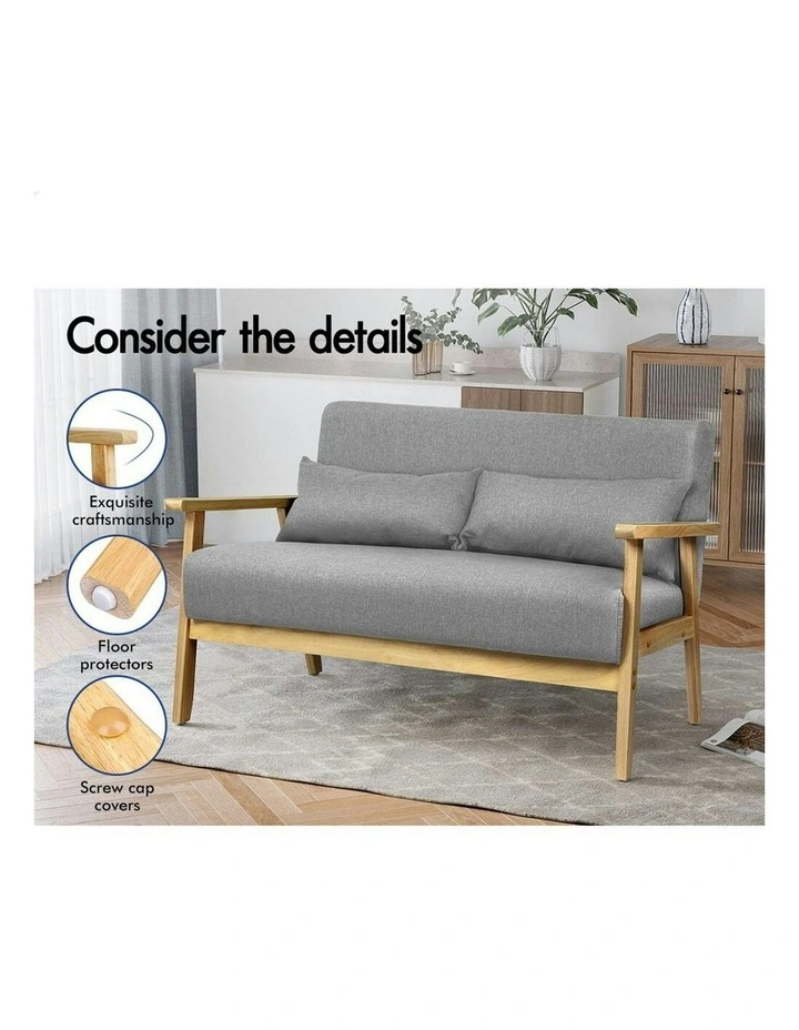 Armchair 2 Seater Sofa Fabric Lounge Chair Accent Couch Wood Seat in Grey image 4