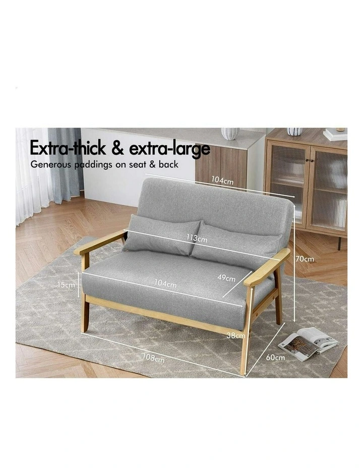 Armchair 2 Seater Sofa Fabric Lounge Chair Accent Couch Wood Seat in Grey image 7