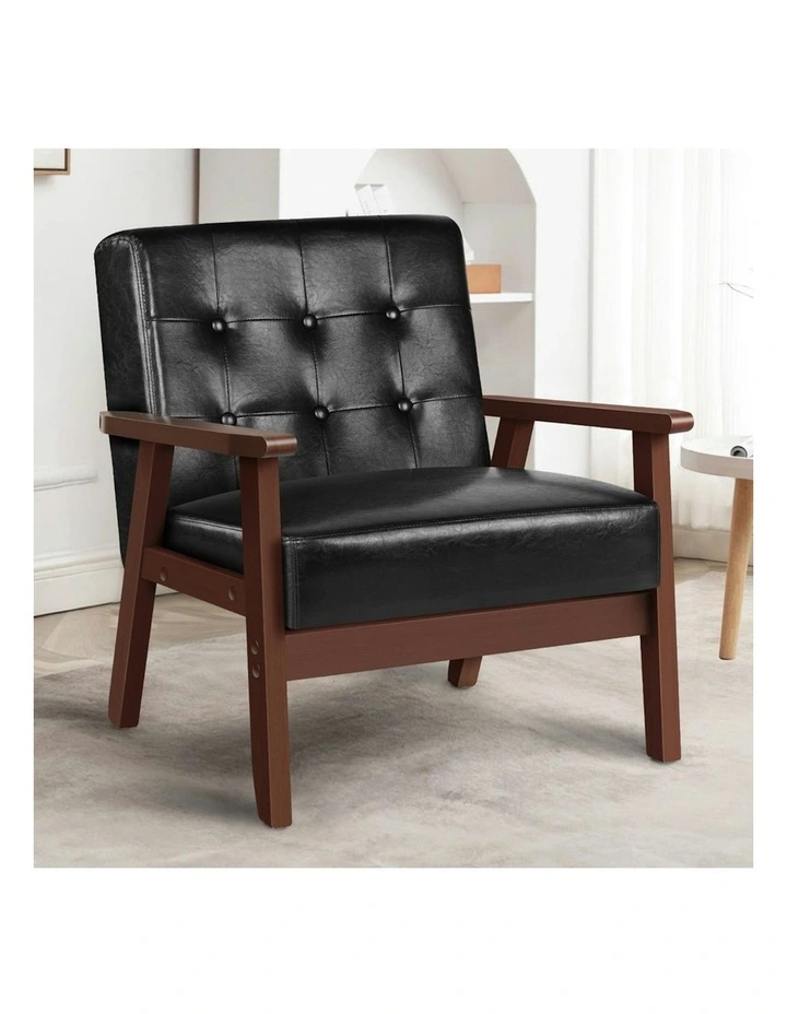 Armchair Wooden Lounge Accent Chair PU Leather Seat Sofa Couch in Black image 2