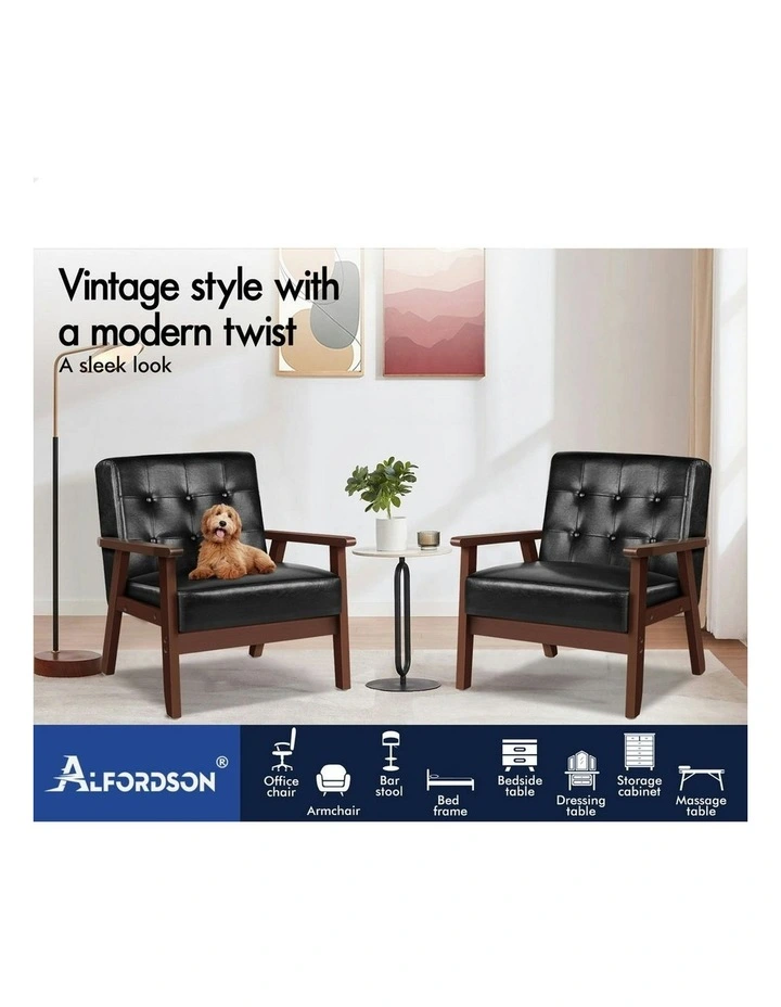 Armchair Wooden Lounge Accent Chair PU Leather Seat Sofa Couch in Black image 3