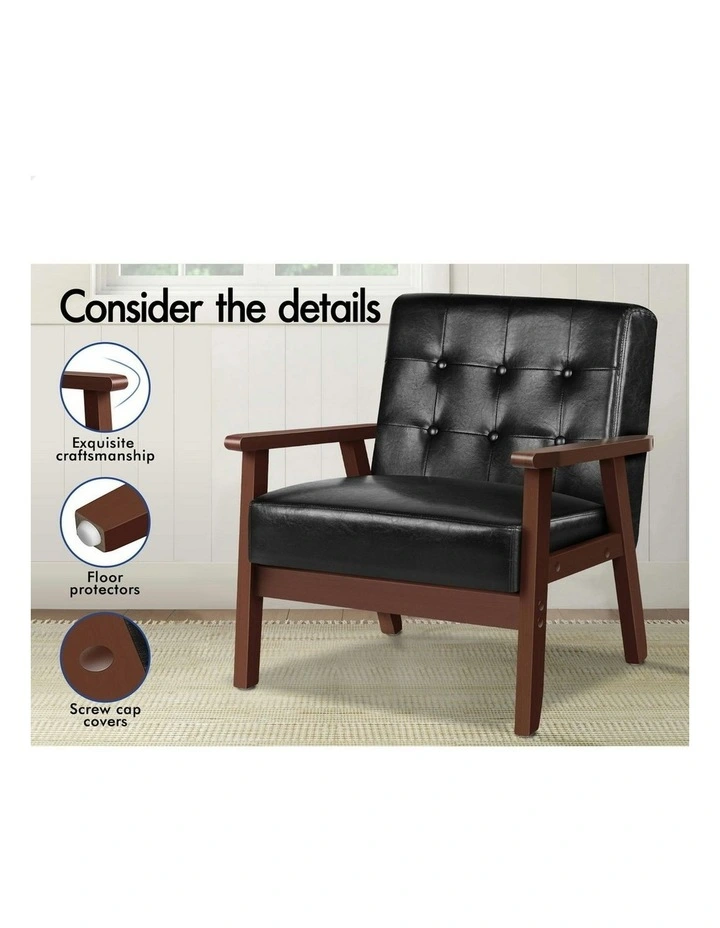 Armchair Wooden Lounge Accent Chair PU Leather Seat Sofa Couch in Black image 4