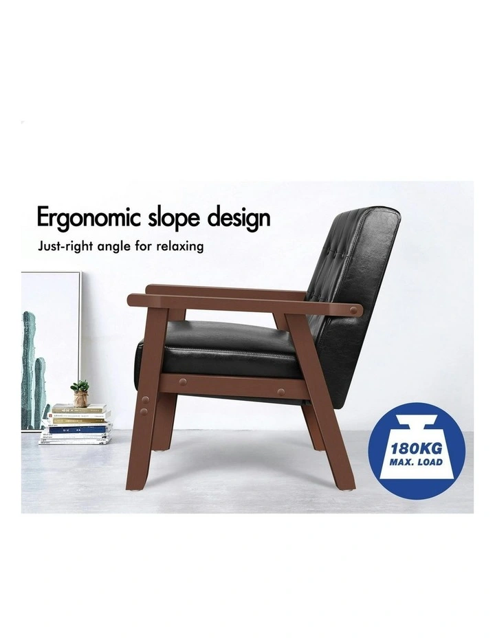 Armchair Wooden Lounge Accent Chair PU Leather Seat Sofa Couch in Black image 5