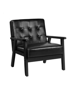 Wooden Armchair Accent Lounge Chair Pu Leather Seat Sofa Couch in Black