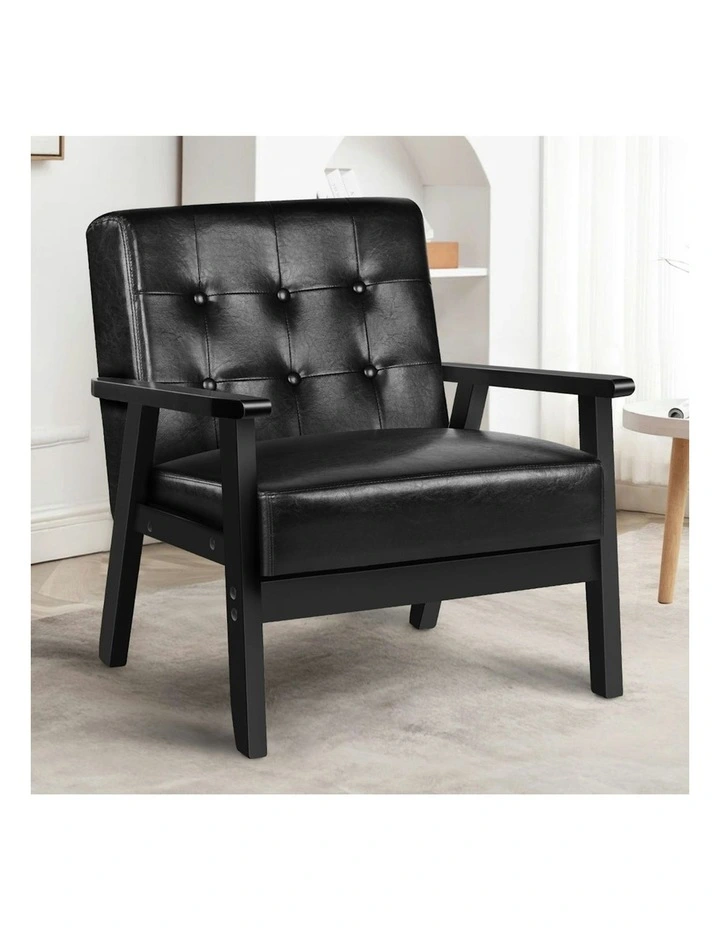 Wooden Armchair Accent Lounge Chair Pu Leather Seat Sofa Couch in Black image 2