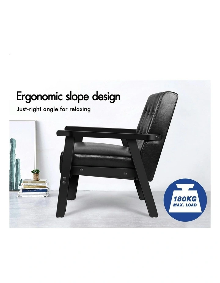 Wooden Armchair Accent Lounge Chair Pu Leather Seat Sofa Couch in Black image 4