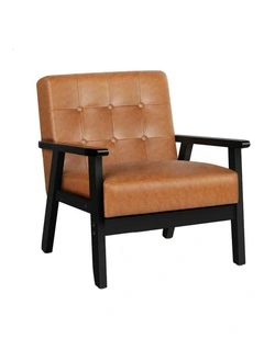 Wooden Armchair Retro Accent Chair Lounge Sofa Couch PU Leather Seat in Brown
