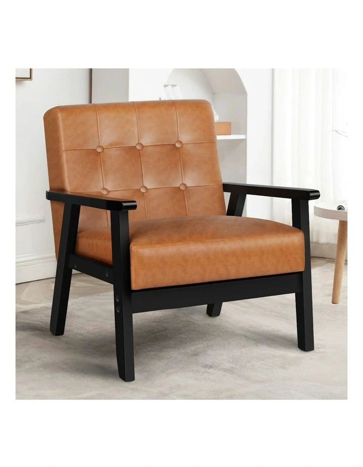 Wooden Armchair Retro Accent Chair Lounge Sofa Couch PU Leather Seat in Brown image 2