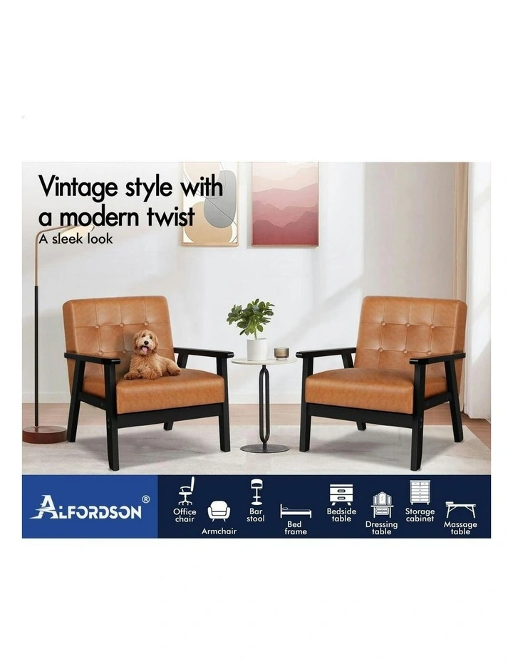 Wooden Armchair Retro Accent Chair Lounge Sofa Couch PU Leather Seat in Brown image 3