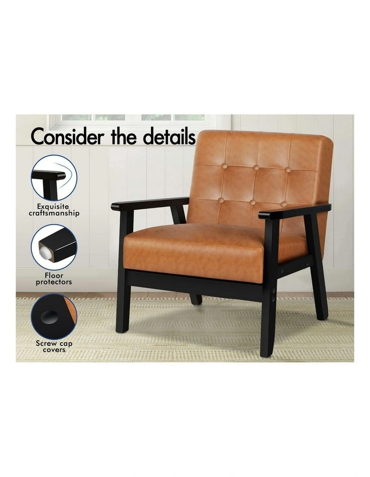 Wooden Armchair Retro Accent Chair Lounge Sofa Couch PU Leather Seat in Brown image 4