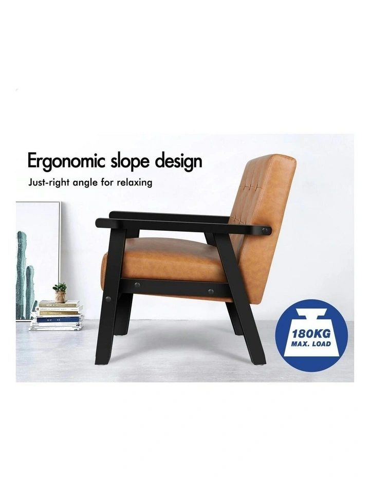 Wooden Armchair Retro Accent Chair Lounge Sofa Couch PU Leather Seat in Brown image 5