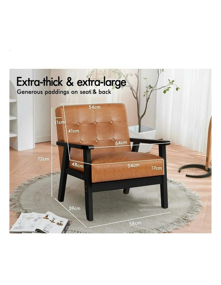 Wooden Armchair Retro Accent Chair Lounge Sofa Couch PU Leather Seat in Brown image 7