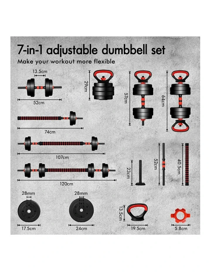 7in1 Adjustable Barbell Kettlebell Dumbbell Set 20kg in Black image 7