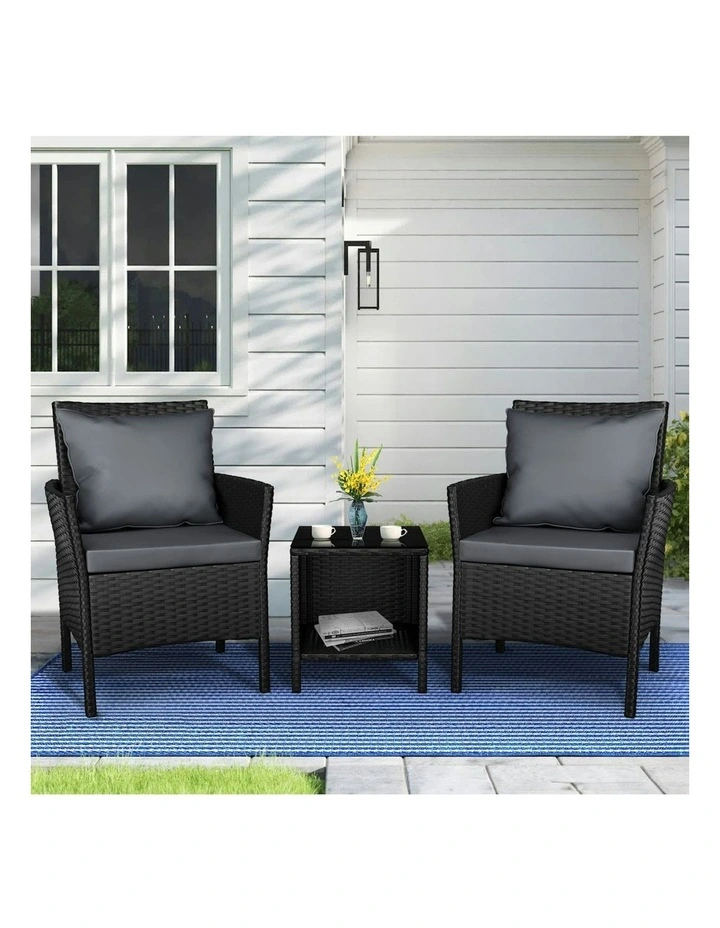 Outdoor Bistro Wicker Set With Pillows 3 Piece in Black image 2