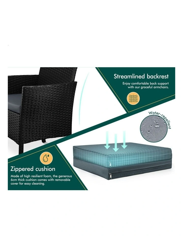 Outdoor Bistro Wicker Set With Pillows 3 Piece in Black image 6