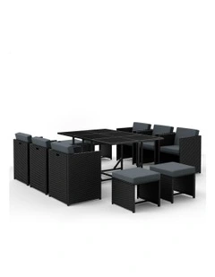 Table Chairs Patio Lounge Wicker Outdoor Dining Set Of 11 Pieces in Black