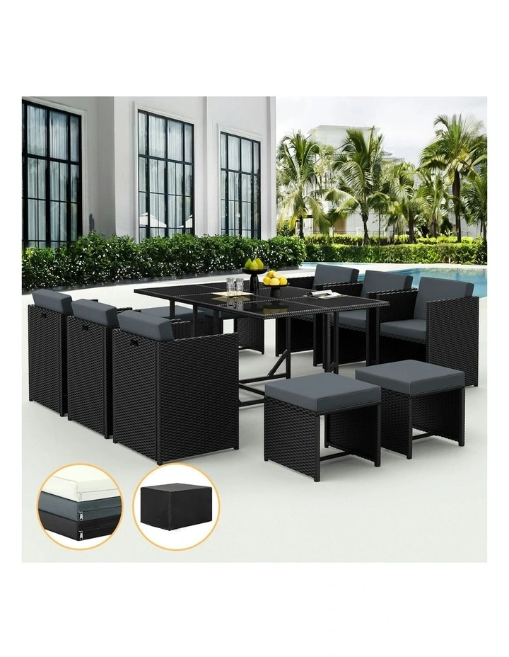Table Chairs Patio Lounge Wicker Outdoor Dining Set Of 11 Pieces in Black image 2