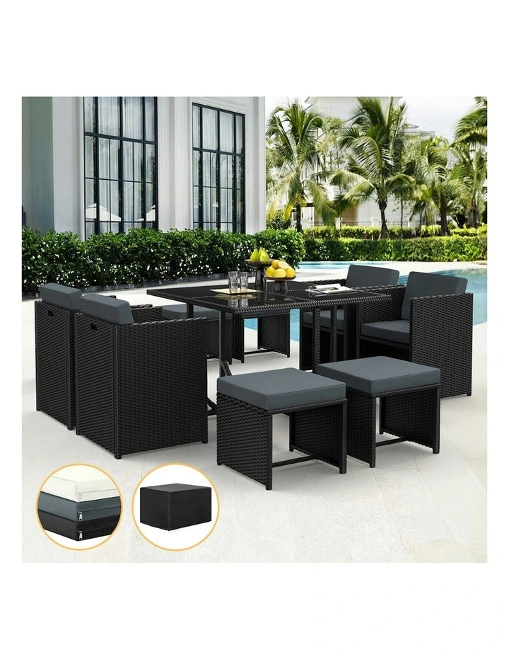 Table Chairs Patio Lounge Outdoor Dining Set Of 9 Pieces in Black image 2