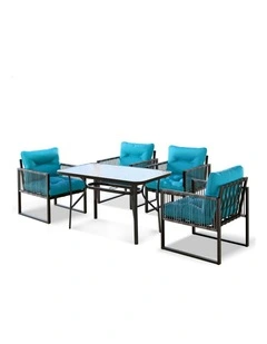 Outdoor Dining Glass Table Lounge Chairs Set in Multi