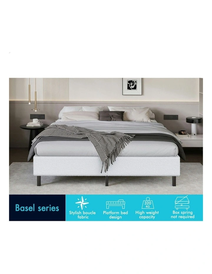 Double Size Mattress Base Foundation Bed Frame in White Boucle image 3