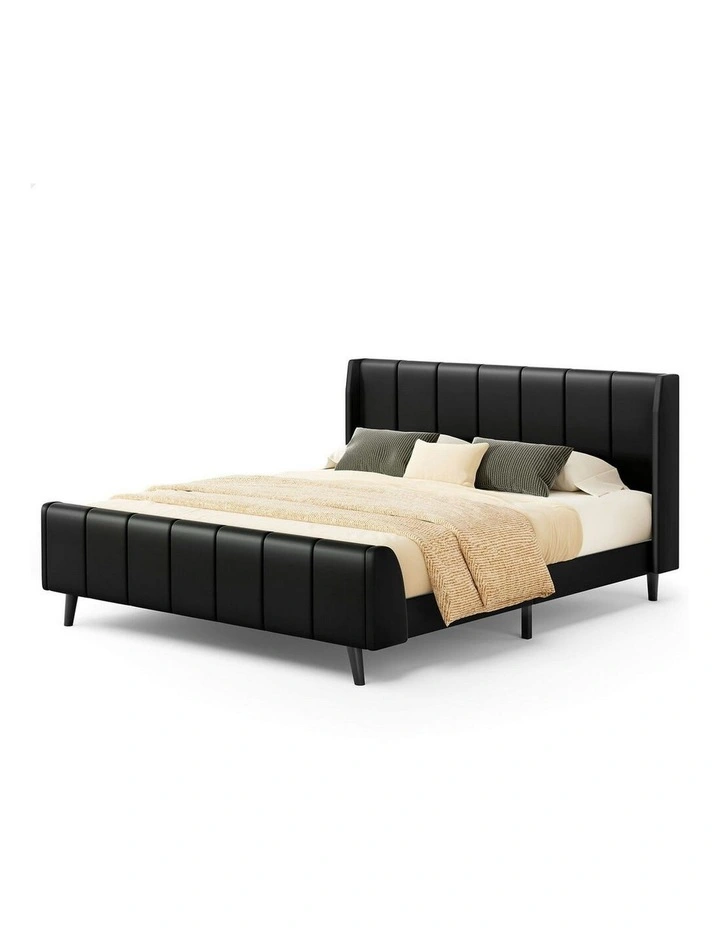 Hundolf Tufted Headboard Base Bed Frame Double Size in Black Leather image 1