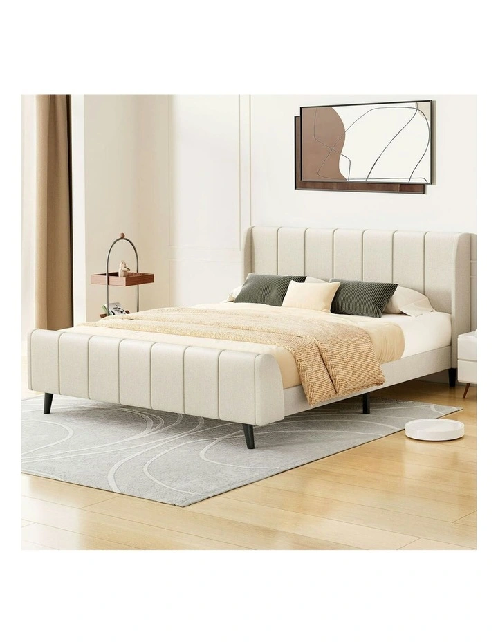 Hundolf Tufted Headboard Base Bed Frame Double Size in Beige Fabric image 2