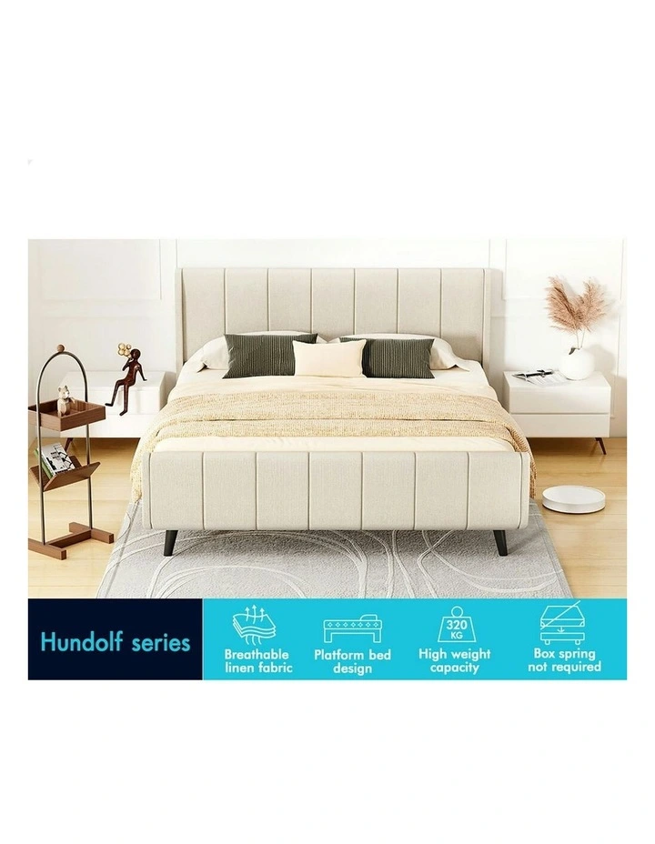 Hundolf Tufted Headboard Base Bed Frame Double Size in Beige Fabric image 3
