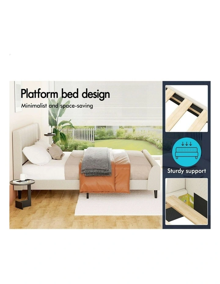 Hundolf Tufted Headboard Base Bed Frame Queen Size in Beige Fabric image 5