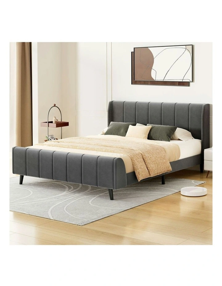 Hundolf Tufted Headboard Base Bed Frame Queen Size in Grey Velvet image 2