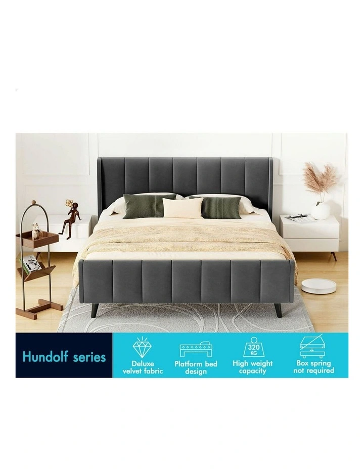 Hundolf Tufted Headboard Base Bed Frame Queen Size in Grey Velvet image 3
