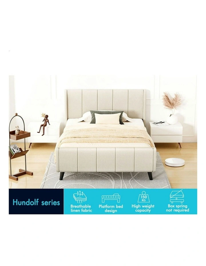 Hundolf Tufted Headboard Base Bed Frame Single Size in Beige Fabric image 3